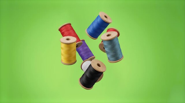A dynamic 3D rendering of multiple wooden spools wound with vibrant sewing threads (red, blue, yellow, purple, black, and teal) scattered and falling in mid-air, isolated on a bright chroma key green 