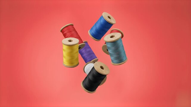 A realistic 3D render of various colorful thread spools suspended over a smooth red studio background. Great for fashion industry banners, dressmaking tutorials, and textile art design layouts.