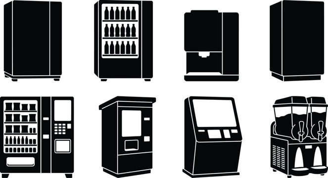 Black Self Service Machine Silhouette Vector Set with Vending Kiosk Coffee Maker and Smart Appliance Icons