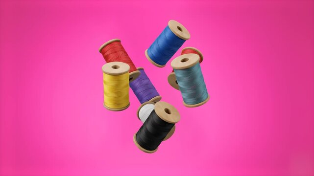 A dynamic 3D illustration of colorful wooden sewing spools with red, blue, yellow, purple, and teal thread floating isolated on a vivid pink backdrop. Perfect for tailoring shop promos, textile crafti