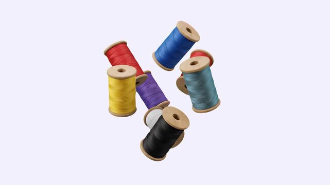 A vibrant set of wooden sewing thread spools in various colors&mdash;including red, blue, yellow, purple, black, and light blue&mdash;floats and rotates against a clean white backdrop. This 3D product animation i