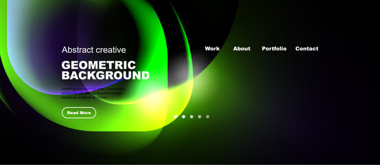 Fototapeta premium Abstract geometric background features vibrant green, blue hues. Website header includes navigation options, text, button. Dark backdrop dominates image.