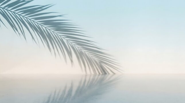Serene Beach Scene with Palm Tree Reflection and Calm Water.