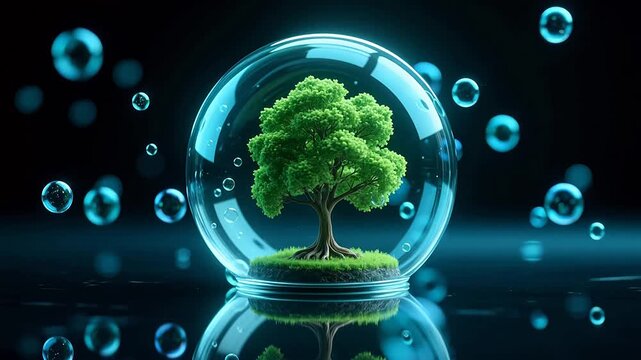 Crystal ball with green trees and glowing bubbles