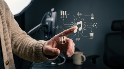 Music producer in cardigan touching digital interface with musical note and piano icons for audio production, creative technology, artificial modern technology business concept © InspireImagery 