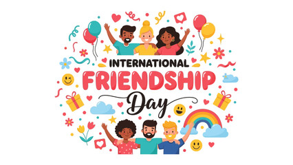 Fototapeta premium Celebration of International Friendship Day: A vibrant illustration depicts a diverse group of happy people celebrating International Friendship Day, surrounded by balloons, hearts, and a rainbow.