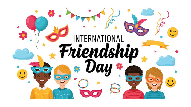 International Friendship Day Celebration: A vibrant illustration depicts diverse children wearing colorful masks, surrounded by balloons, confetti, and festive bunting.