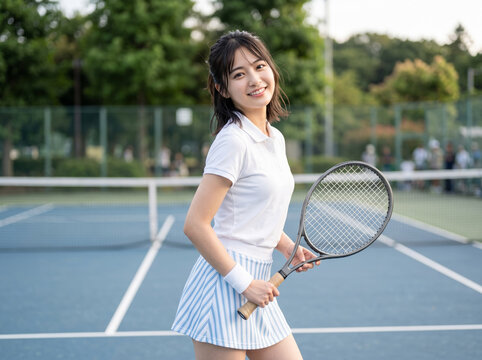 爽やかなストライプのスカートで微笑むテニスの女性