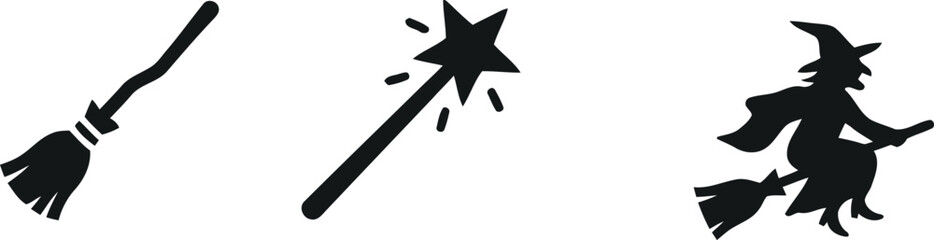 Minimalist halloween graphic elements including broomstick magic wand and flying witch silhouette © MSTNASIMA