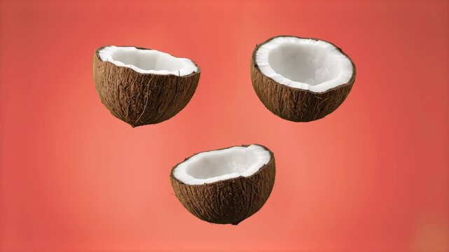 A crisp close-up 3D rendering of broken coconut halves, showcasing the contrast between the rough brown outer husk and the fresh white inner meat. Suspended against a vibrant red backdrop, this clean 