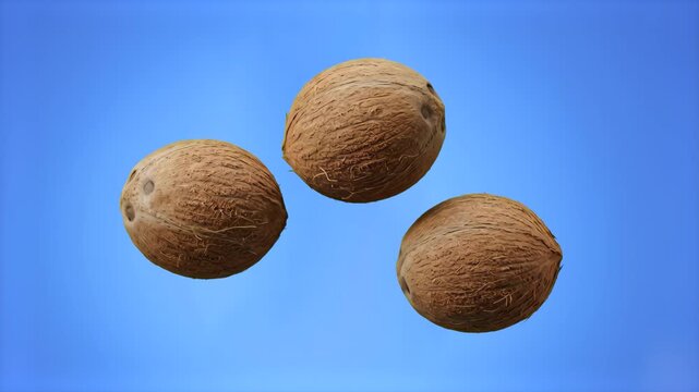 A clean 3D illustration of whole coconuts suspended in space over a vivid blue studio background. Great for tropical beverage marketing, summer event graphics, and healthy food product presentations.