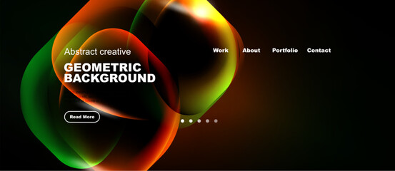 Naklejka premium Dynamic abstract design. Vibrant colors blend, creating geometric shapes. Website header with navigation options present. Modern aesthetic.