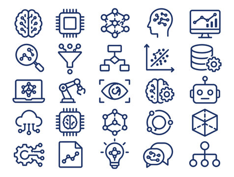 Set of twenty five flat line icons representing artificial intelligence and data analytics concepts for modern digital technology business interfaces