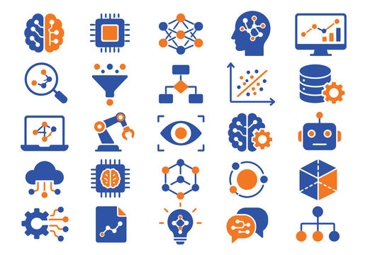 Set of flat vector icons representing artificial intelligence and data science concepts in blue and orange colors on a clean white background surface