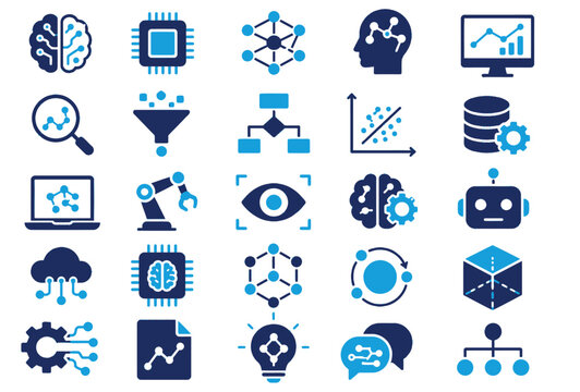 Set of blue artificial intelligence and data science icons representing neural networks machine learning automation with representing various technological