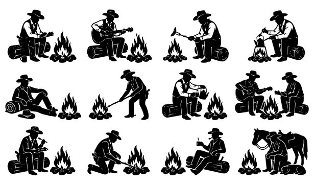 Set of cowboy campfire silhouettes with guitar cooking coffee and horse western scene black vector illustration design elements