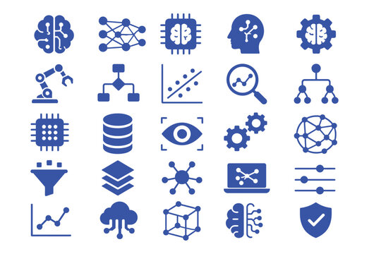 Set of blue artificial intelligence and data science vector icons for digital technology concepts and modern computing infrastructure interface