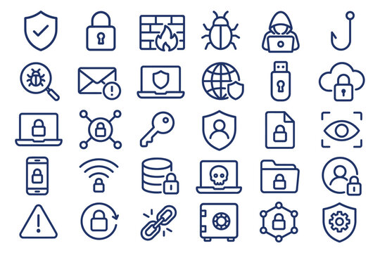 Comprehensive set of digital cybersecurity and data protection line icons featuring various security threats and safety mechanisms for modern computing