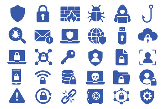 Comprehensive set of cyber security and digital protection icons featuring various network safety symbols and data privacy elements in blue vector