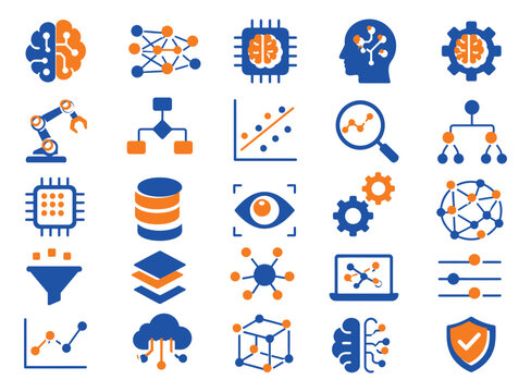 Comprehensive collection of artificial intelligence and machine learning vector icons for modern digital technology with orange representing artificial