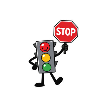 Cute Traffic Light Mascot Holding Stop Sign &ndash; Road Safety Cartoon Vector Illustration