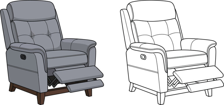 Modern grey upholstered recliner chair with extended footrest presented as a detailed vector illustration and a clean outline drawing ideal for furniture catalogs or interior design concepts