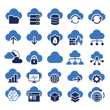 Comprehensive set of modern cloud computing and network infrastructure vector icons for digital systems architecture and data management technology solutions