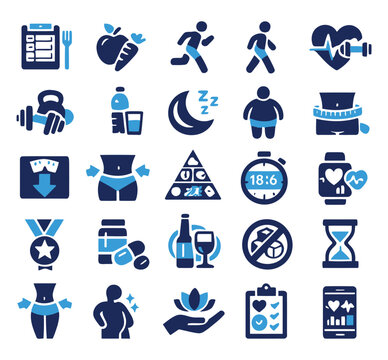 Set of twenty five blue and dark navy fitness and healthy lifestyle icons representing nutrition exercise wellness tracking with blue color palette
