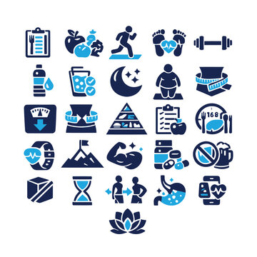 Comprehensive collection of health and wellness icons representing nutrition fitness tracking and healthy lifestyle habits for digital interface design