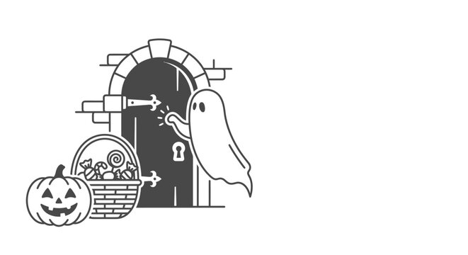 A whimsical line art illustration featuring a friendly ghost knocking on a spooky door with a pumpkin and candy basket.