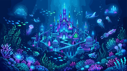 Fantastical Underwater Kingdom with Bioluminescent Castle, Glowing Coral Reefs and Exotic Sea Life, Magical Deep Sea Palace Illustration, Vibrant Neon Blue and Purple Aquatic Environment © Caturstudio