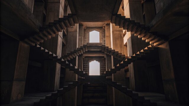Historical stepwell architecture with symmetrical stone stairs and arches