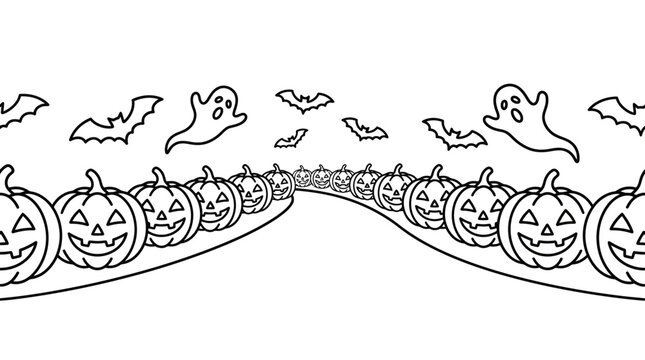 A festive Halloween coloring page featuring a winding path of carved jack-o-lanterns with flying ghosts and bats.