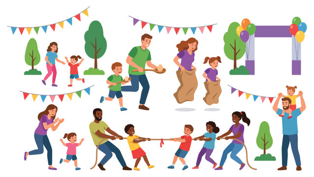 Families and children playing outdoor party games at a colorful community festival.
