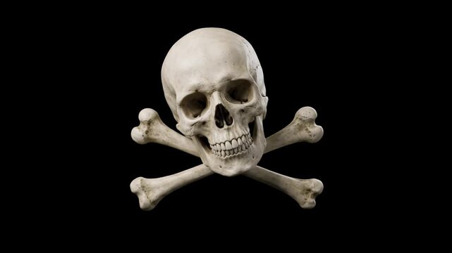 Frontal view of a realistic human skull positioned over two crossed long bones forming a pirate crossbones emblem against a solid black backdrop. Ideal for pirate themes, danger signs, Halloween graph