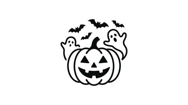 A black and white line art illustration featuring a jack o lantern pumpkin with ghosts and bats.
