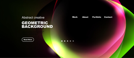Naklejka premium Dark background features vibrant abstract shapes, text elements, navigation options. Modern design promotes creativity, geometric patterns.