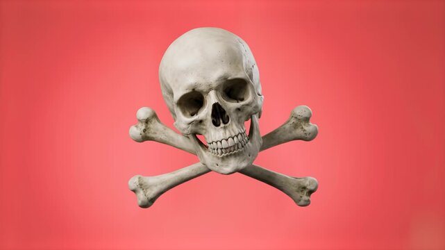 A realistic 3D human skull with crossed bones jolly roger symbol floating against a bright red background. Ideal for halloween videos, danger warning concepts, pirate themes, poison signs, and motion 