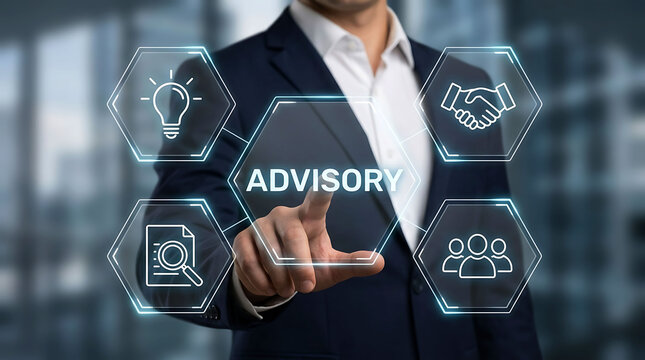 Businessman pointing at digital advisory interface for corporate consulting