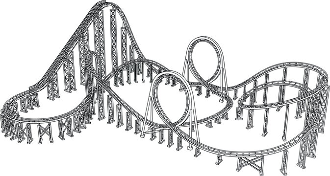 Black and white silhouette of a rollercoaster track with hills and loops isolated on white background