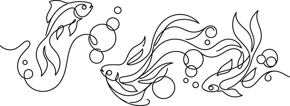 Black silhouette of two fish swimming with seaweed and bubbles on white background
