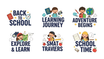 Back to School Collection: A vibrant collection of six hand-drawn illustrations celebrating the start of the school year, featuring themes of learning, adventure, exploration, and school time. © Robaba