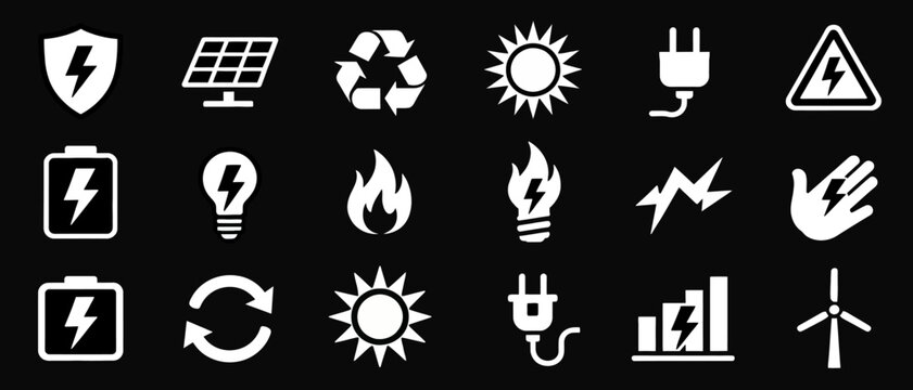 Comprehensive Set of Energy and Power Utility Symbols Featuring Sustainable Electricity and Renewable Resource Icons for Modern Graphic Design Projects