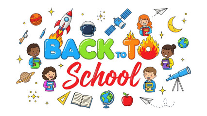 Fototapeta premium Back to School Celebration: A vibrant illustration celebrates the start of the school year with diverse children, educational symbols, and space-themed elements, fostering excitement for learning.