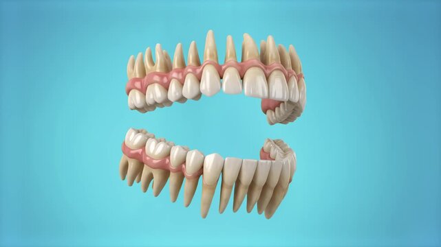 A 3D anatomical render of upper and lower human jaw teeth with visible roots opening and closing against a bright turquoise studio backdrop. Great for dental clinic advertisements, orthodontics promos