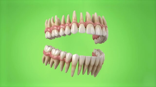 A complete 3D model of upper and lower human teeth set against a solid green screen chroma key background. Perfect for medical compositing, dental procedure explainer videos, and oral health commercia