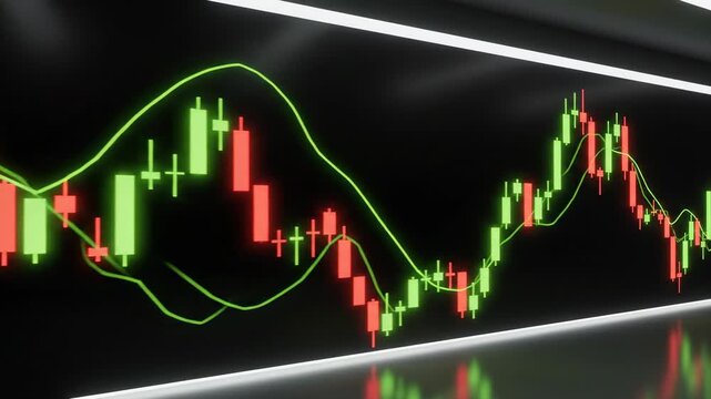 Glowing candlestick chart with moving average line, representing financial market trends and stock trading analysis