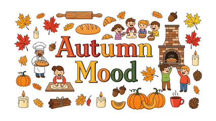 Fototapeta premium Autumn Mood Illustration: A cheerful illustration depicting the essence of autumn with various elements like pumpkins, leaves, baking, a fireplace, and children enjoying the season.