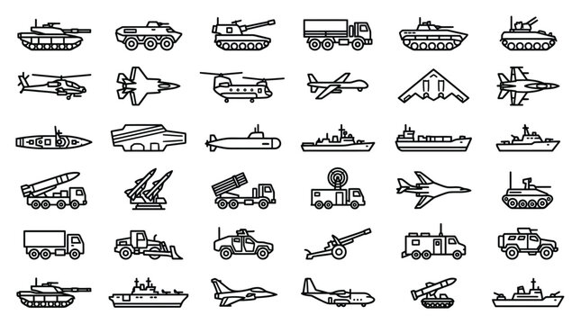Detailed black outline icons representing various military combat vehicles aircraft ships and heavy artillery equipment