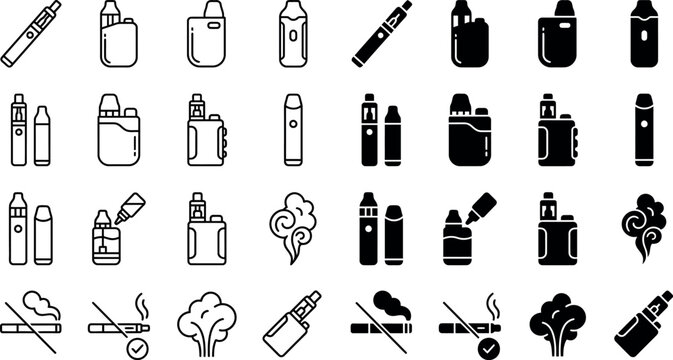 Silhouette style icons of electronic cigarettes and vaping devices on white background